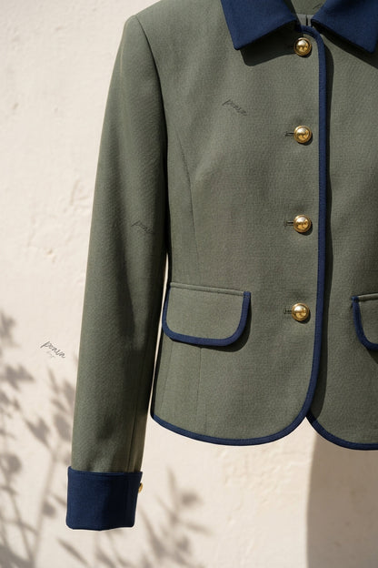 Olive Green Structured Boxy Cropped Jacket with Navy Contrast Trim olive green woven suiting fabric cropped jacket - product view 6