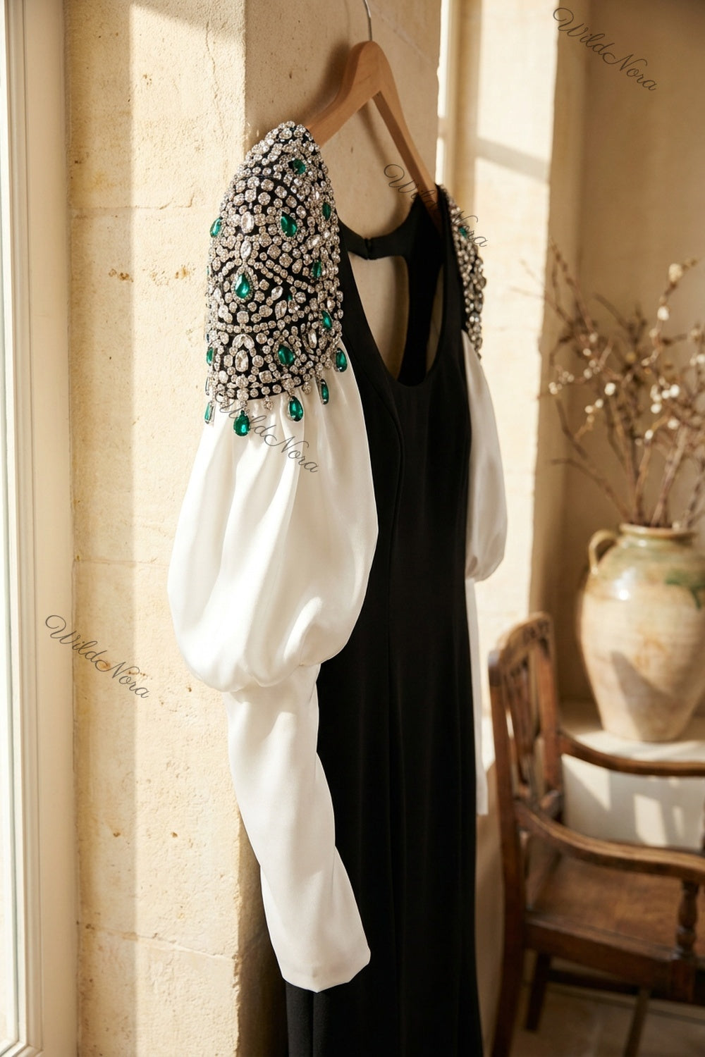 Black Column Evening Gown with Crystal Shoulders & White Puff Sleeves black heavy matte crepe evening gown - product view 6