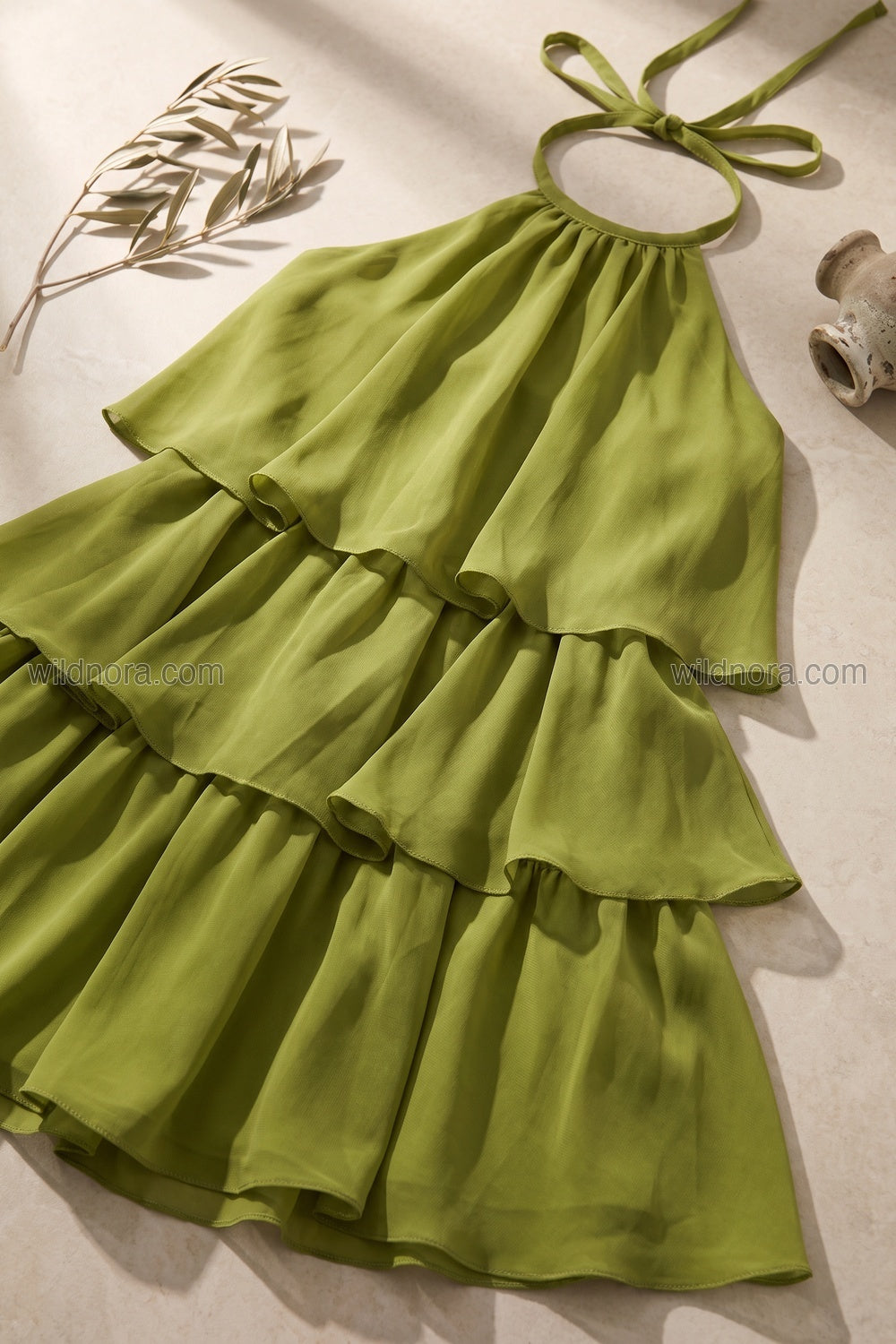 Olive Green Chiffon A-line Tiered Mini Dress olive green chiffon dress - product view 4