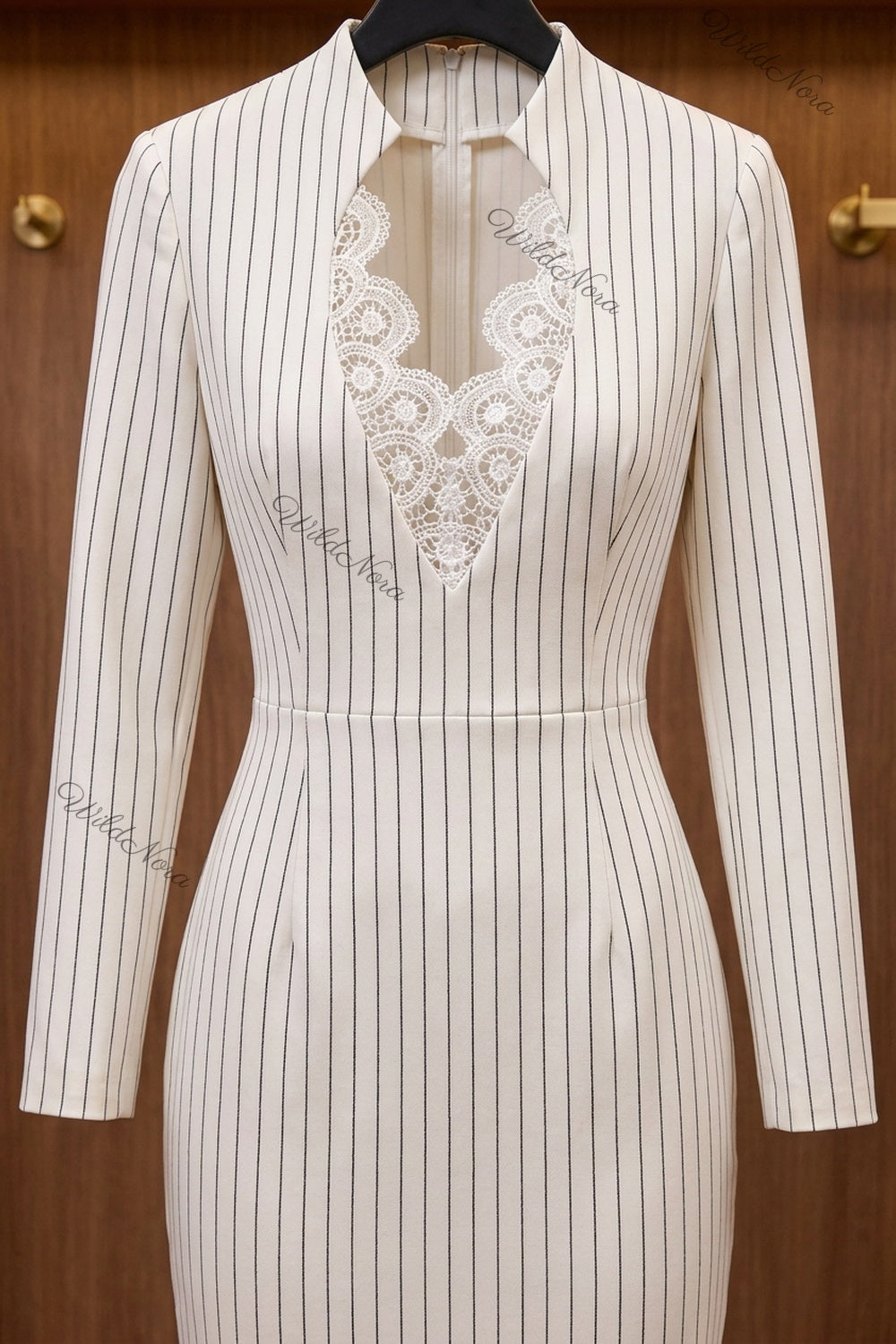 White Pinstripe Sheath Dress with Lace Cutout white structured woven suiting dress - product view 4