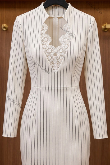 White Pinstripe Sheath Dress with Lace Cutout white structured woven suiting dress - product view 4