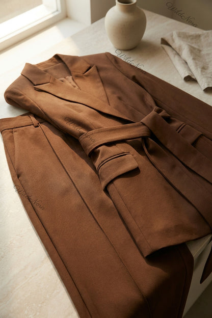 Medium Brown Mid-Weight Woven Two-Piece Pantsuit with Wrap-Front Blazer & Straight-Leg Trousers medium brown mid-weight woven suiting two-piece pantsuit - product view 6