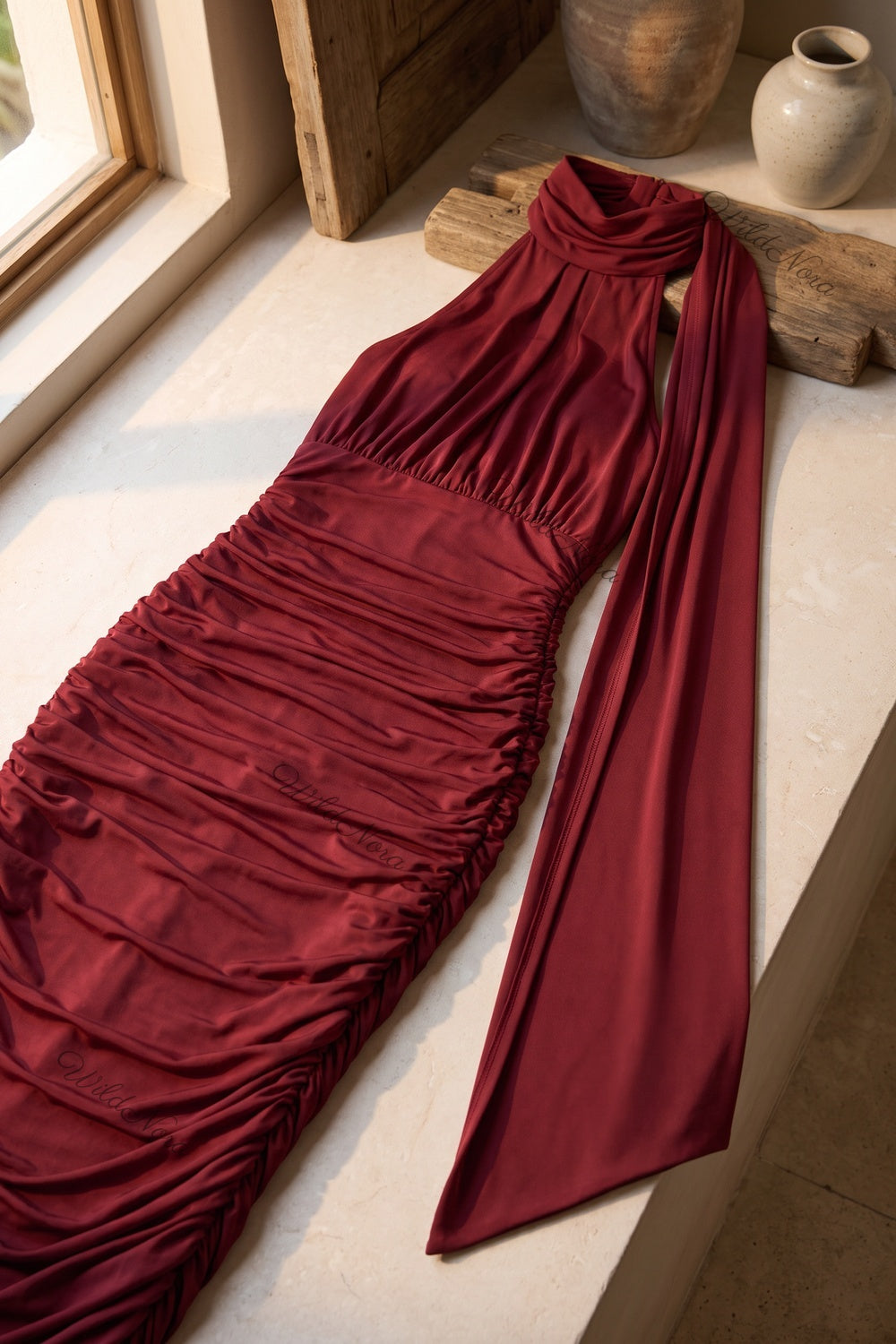 Burgundy Ruched Halter Bodycon Midi Dress burgundy stretch jersey dress - product view 6