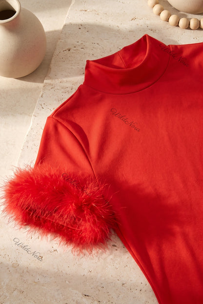 Red Stretch Knit Jersey Bodycon Mini Dress with Feather Trim red stretch knit jersey dress - product view 6