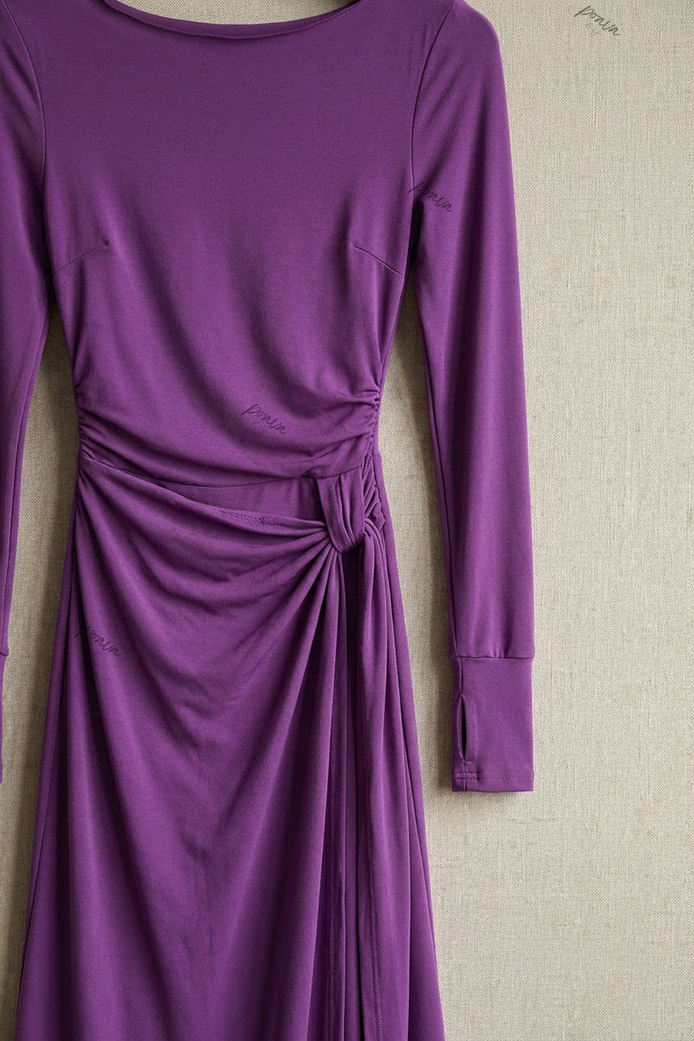 Purple Stretch Jersey Slim-Fit Bodice with Draped Asymmetrical Wrap-Style Skirt Maxi Dress purple stretch jersey maxi dress - product view 4