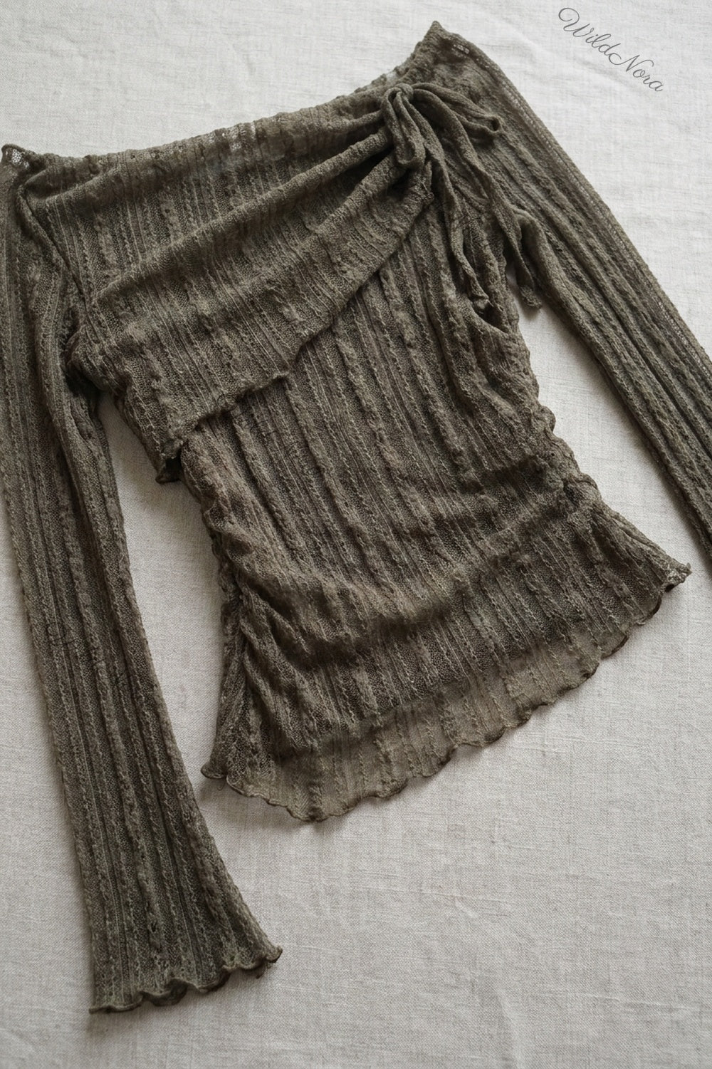 Olive Brown Sheer Knit Off-Shoulder Top with Flared Bell Sleeves olive brown sheer textured knit top - product view 6