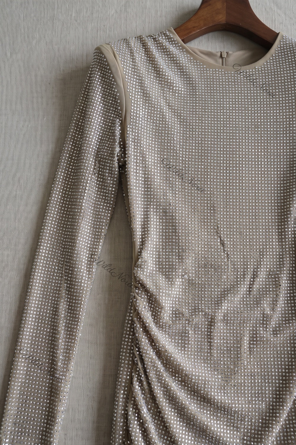 Champagne Beige Bodycon Mini Dress with Asymmetrical Side Drape champagne, beige stretch mesh dress - product view 6