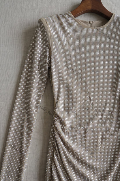 Champagne Beige Bodycon Mini Dress with Asymmetrical Side Drape champagne, beige stretch mesh dress - product view 6
