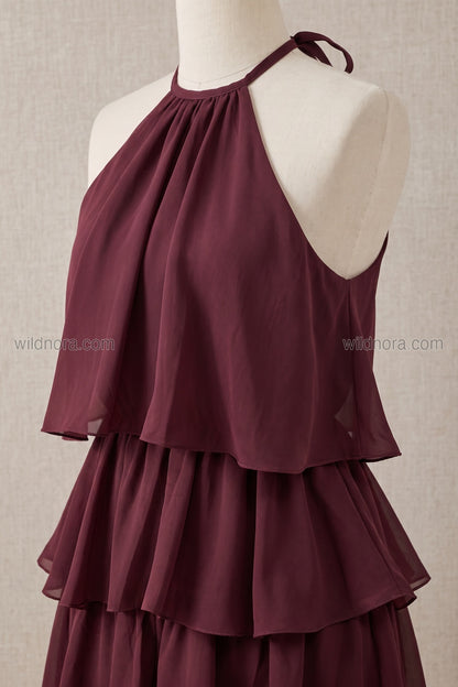 Burgundy Chiffon Tiered Ruffle Halter Romper burgundy chiffon tiered romper - product view 4