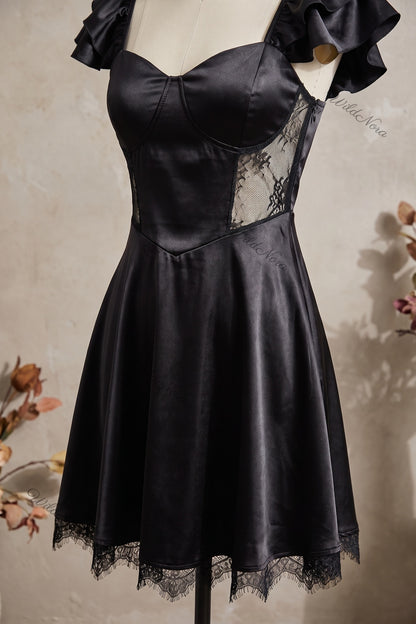 Black Satin Fit-and-Flare Mini Dress with Ruffled Cap Sleeves and Sheer Lace black satin dress - product view 6
