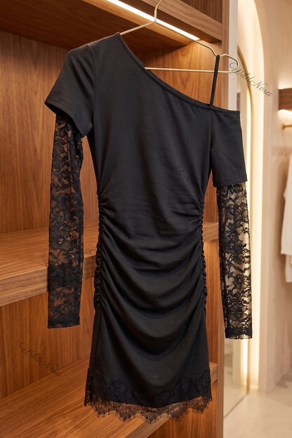 Black Asymmetrical Bodycon Mini Dress with Lace Sleeves black stretch knit jersey dress - product view 6
