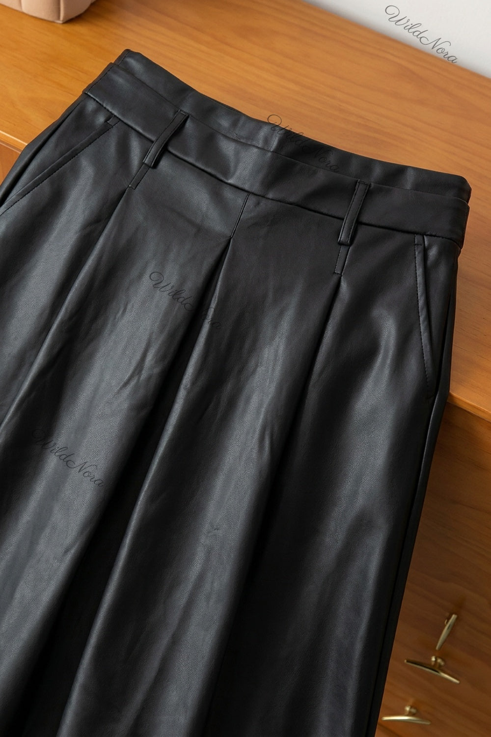 Black Faux Leather A-Line Pleated Midi Skirt black faux leather skirt - product view 6