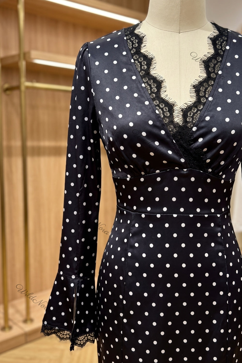 Black Satin Polka Dot Fitted Sheath Dress with Lace Trim black satin dress - product view 6