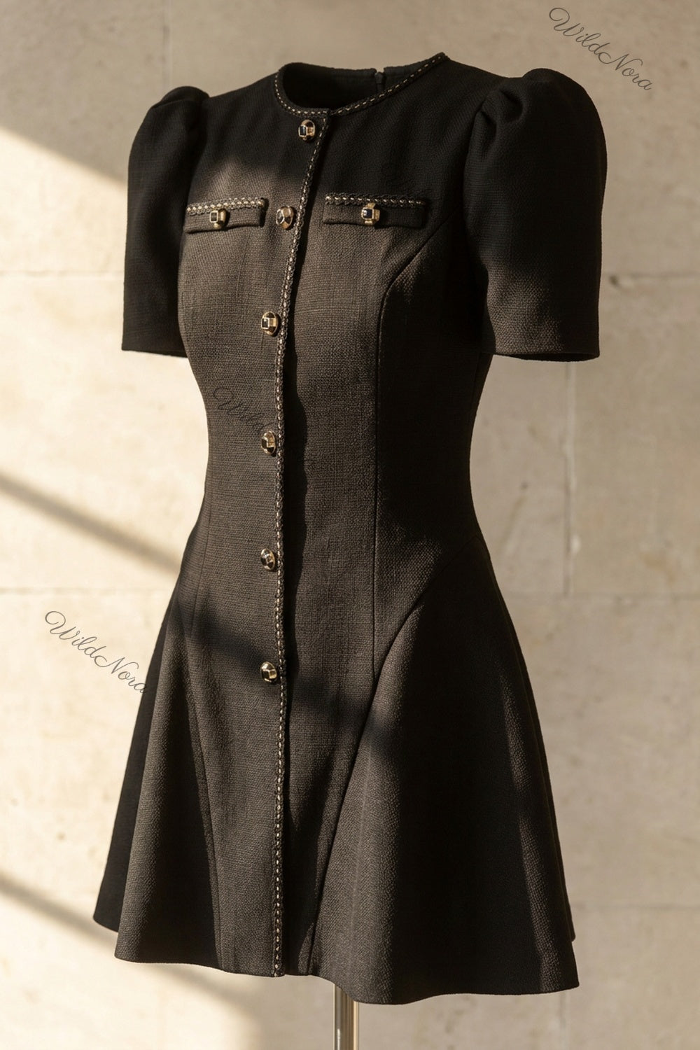 Black Textured Woven Crepe Fit-and-Flare Mini Dress black textured woven crepe dress - product view 6
