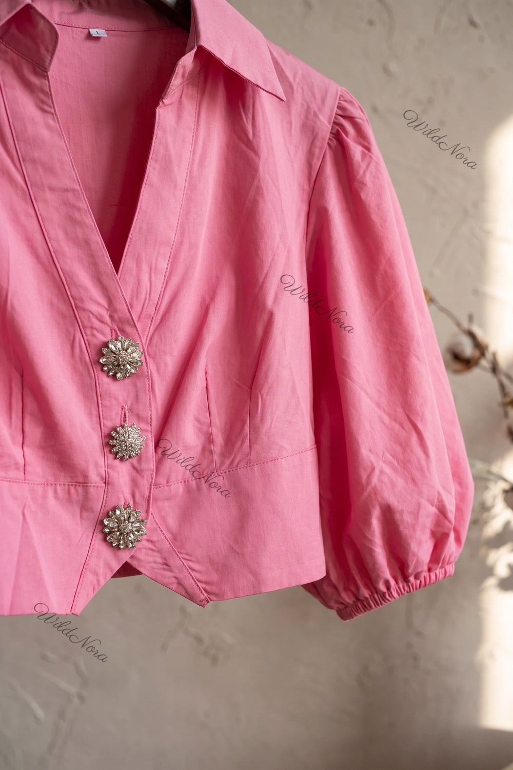 Pink Cotton Poplin Cropped Blouse with Voluminous Puff Sleeves pink cotton poplin cropped blouse - product view 6