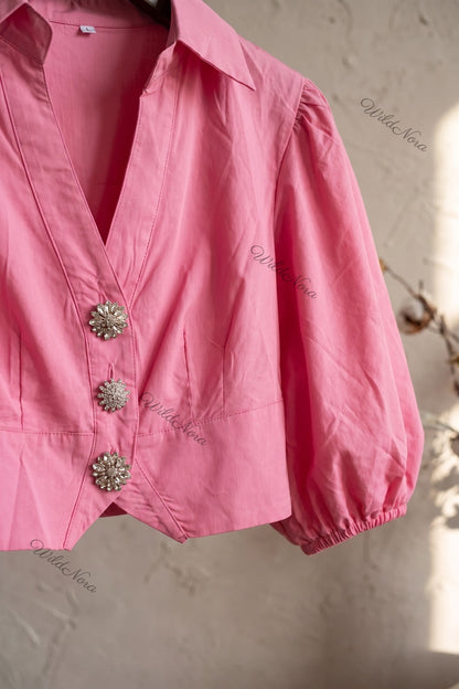 Pink Cotton Poplin Cropped Blouse with Voluminous Puff Sleeves pink cotton poplin cropped blouse - product view 6