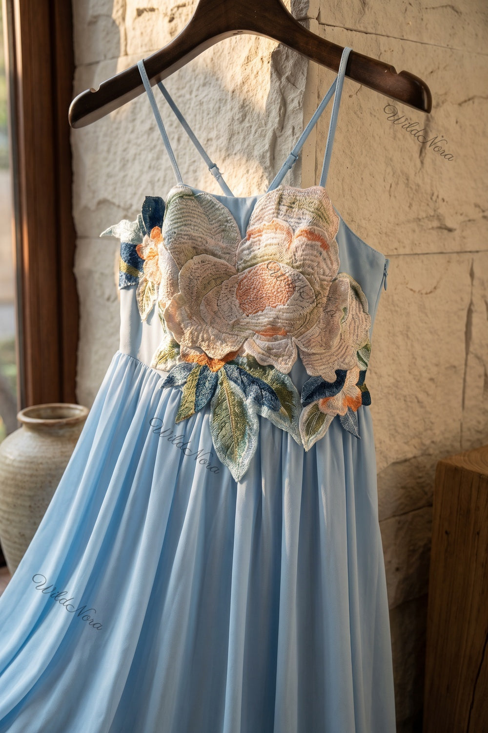Light Blue Chiffon A-Line Maxi Dress with Floral Applique light blue chiffon dress - product view 6
