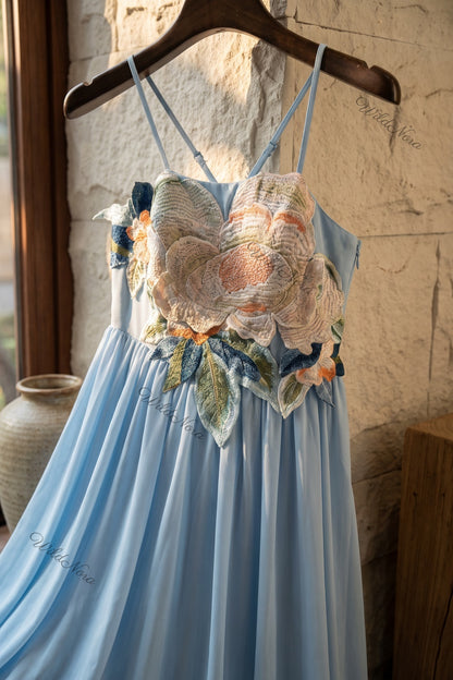 Light Blue Chiffon A-Line Maxi Dress with Floral Applique light blue chiffon dress - product view 6