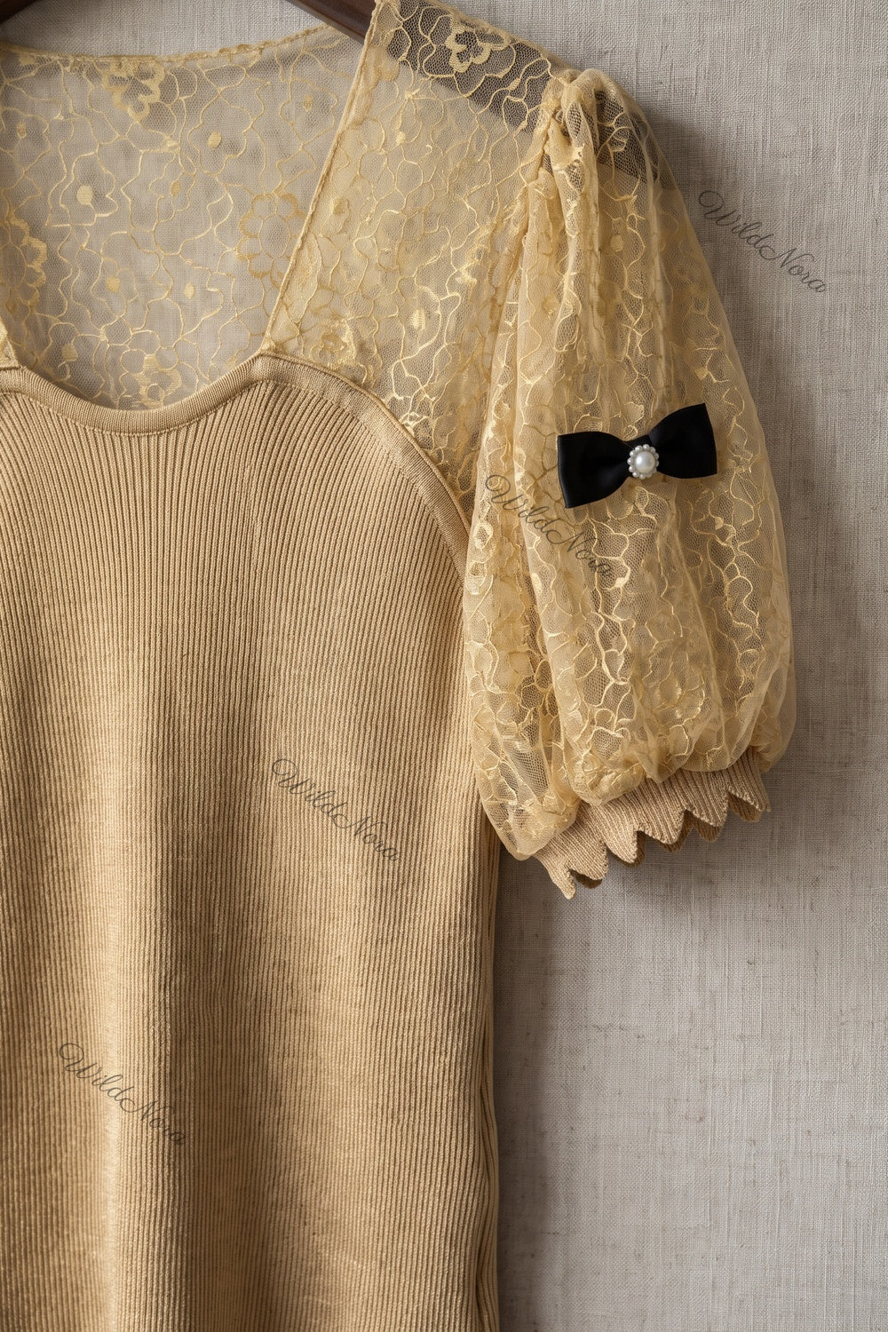 Gold Ribbed Knit Fitted Bodice with Puff Sleeves Top gold, beige ribbed knit top - product view 6
