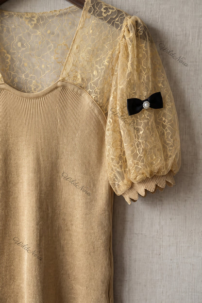 Gold Ribbed Knit Fitted Bodice with Puff Sleeves Top gold, beige ribbed knit top - product view 6