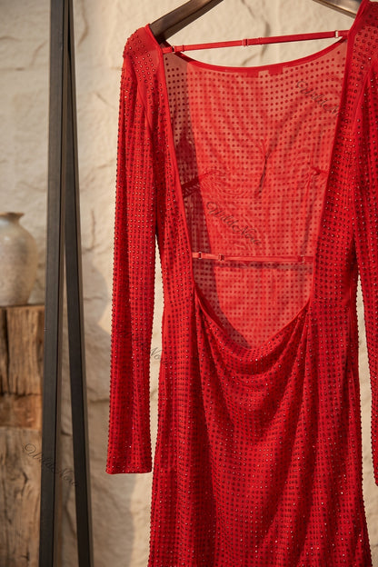 Red Semi-Sheer Mesh Sheath Dress with All-Over Rhinestone Embellishment red semi-sheer mesh dress - product view 6