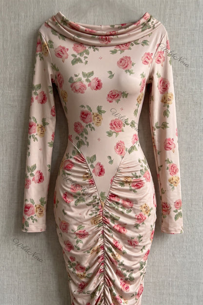 Pale Pink Floral Bodycon Sheath Dress pale pink, beige stretch jersey knit dress - product view 6