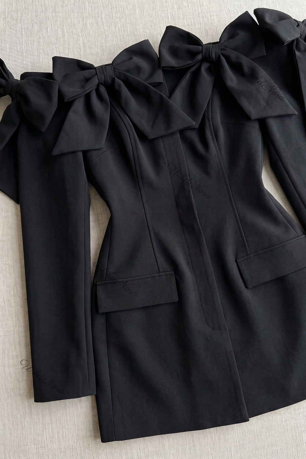 Black Structured Blazer Mini Dress with Off-Shoulder Bows black structured woven suiting blazer mini dress - product view 6