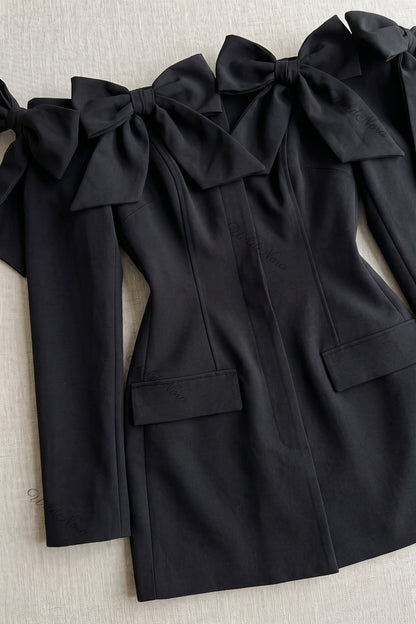 Black Structured Blazer Mini Dress with Off-Shoulder Bows black structured woven suiting blazer mini dress - product view 6