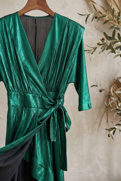 Emerald Green Metallic Plisse Wrap Dress emerald green metallic plisse synthetic dress - product view 6
