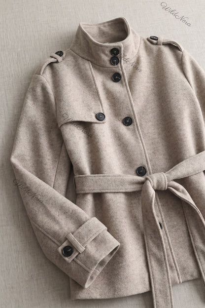 Oatmeal Beige Wool-Blend A-Line Short Belted Jacket oatmeal beige wool-blend short belted jacket - product view 6