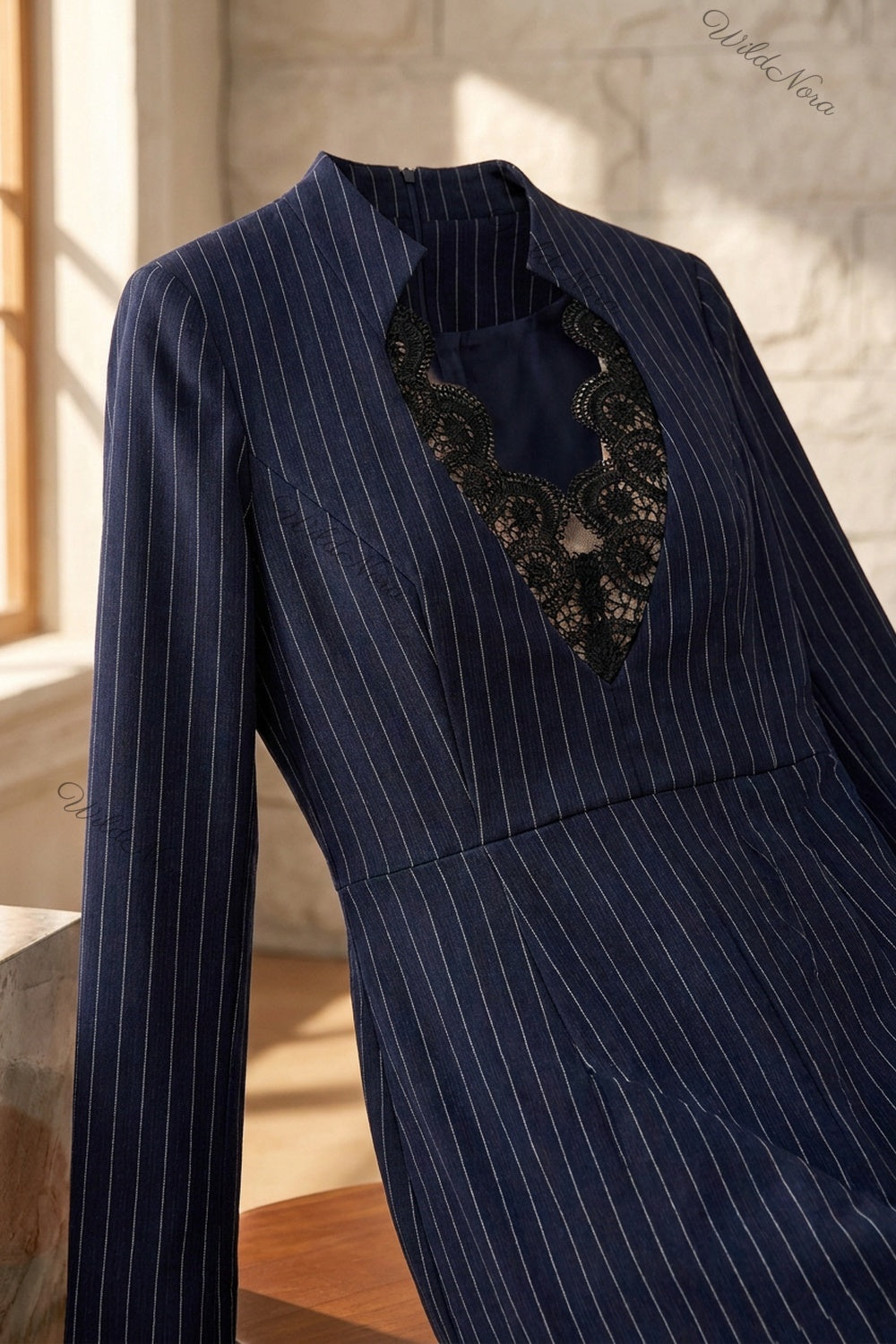 Navy Blue Pinstripe Sheath Dress With Lace Keyhole Cutout navy blue structured woven suiting dress - product view 6