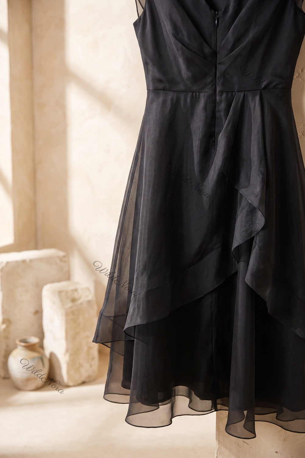 Black Sheer Organza Tiered Fit-and-Flare Midi Dress black sheer organza or chiffon midi dress - product view 6