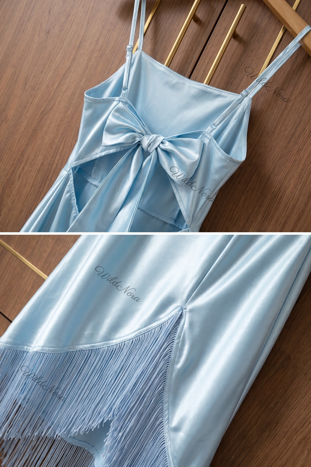 Light Blue Satin Slip Dress with Fringe Trim light blue satin dress - product view 6