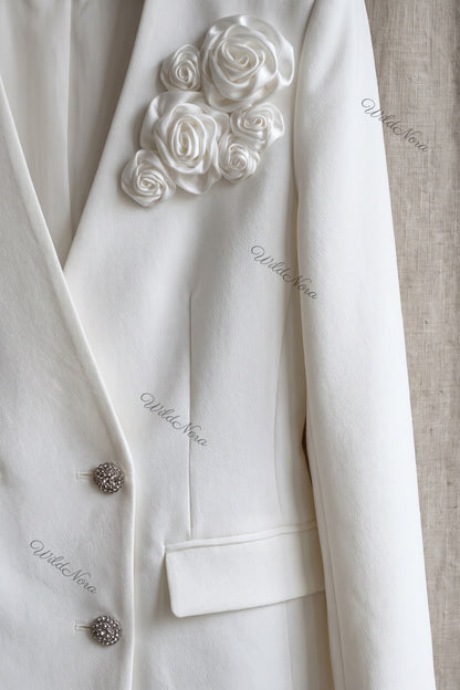 Sculptural Rose Embellished Structured Crepe Blazer in White white structured crepe suiting blazer - product view 6