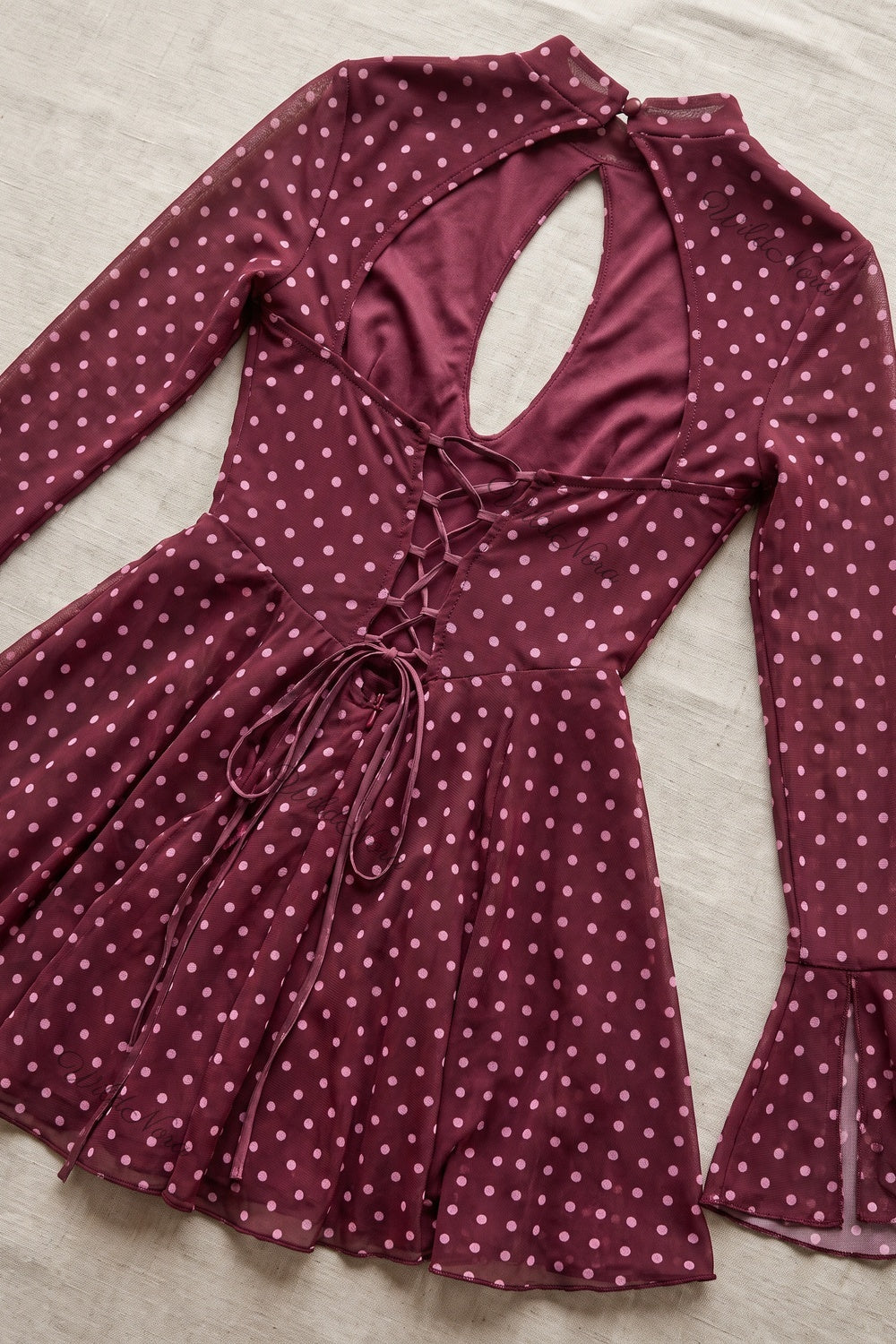 Burgundy Polka Dot Chiffon Fit-and-Flare Mini Dress burgundy sheer chiffon dress - product view 6