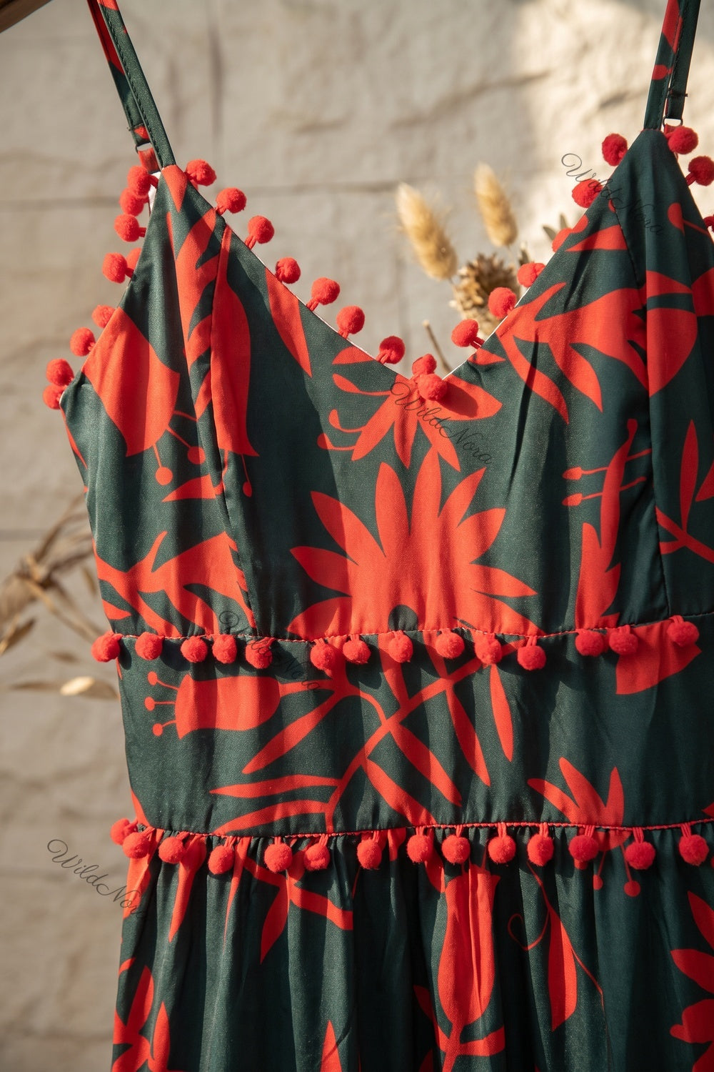 Dark Forest Green Tiered Maxi Dress with Red Botanical Print and Pom-Pom Trim dark forest green lightweight woven synthetic tiered maxi dress - product view 6