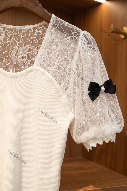 White Ribbed Knit and Lace Puff Sleeve Top with Pearl Bow Details white ribbed knit top - product view 6