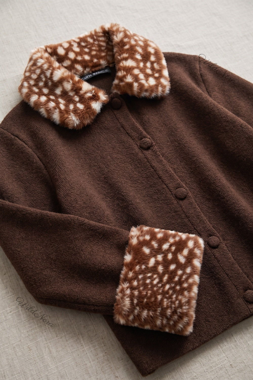Dark Brown Box Knit Cardigan with Fawn-Spotted Faux Fur Trim dark brown fine knit cardigan - product view 6