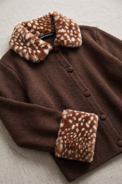 Dark Brown Box Knit Cardigan with Fawn-Spotted Faux Fur Trim dark brown fine knit cardigan - product view 6