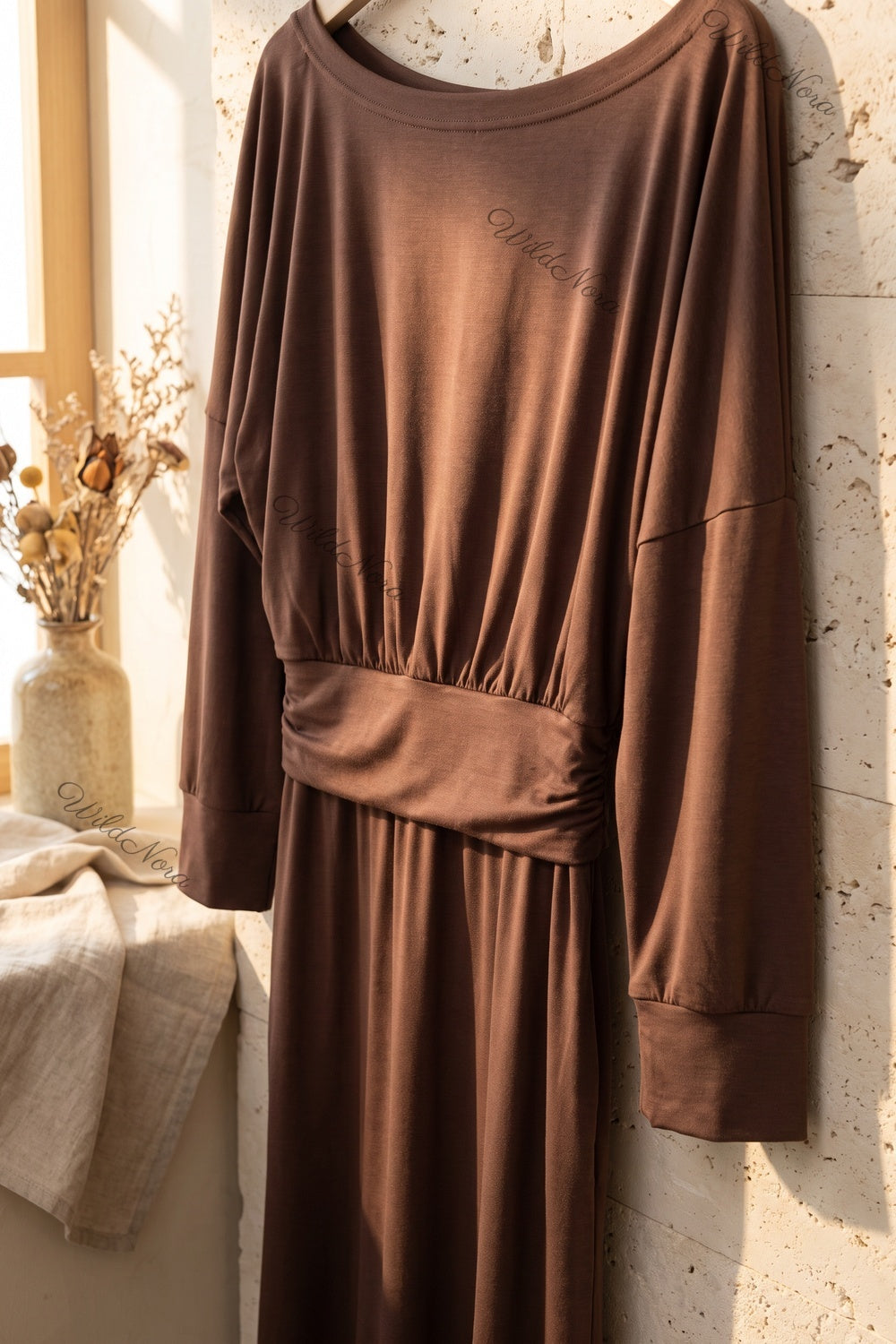 Chocolate Brown Jersey Knit Blouson Maxi Dress chocolate brown jersey knit maxi dress - product view 6