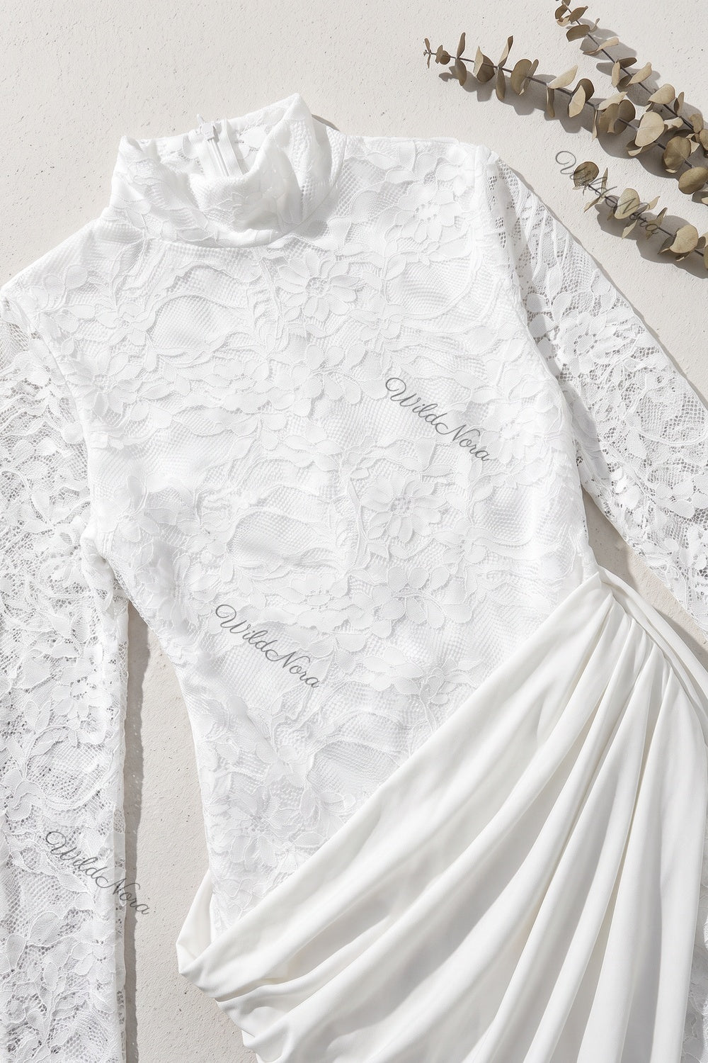 White Floral Lace Column Dress with Asymmetrical Draped Overlay white floral lace dress - product view 6