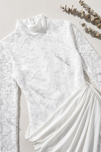 White Floral Lace Column Dress with Asymmetrical Draped Overlay white floral lace dress - product view 6