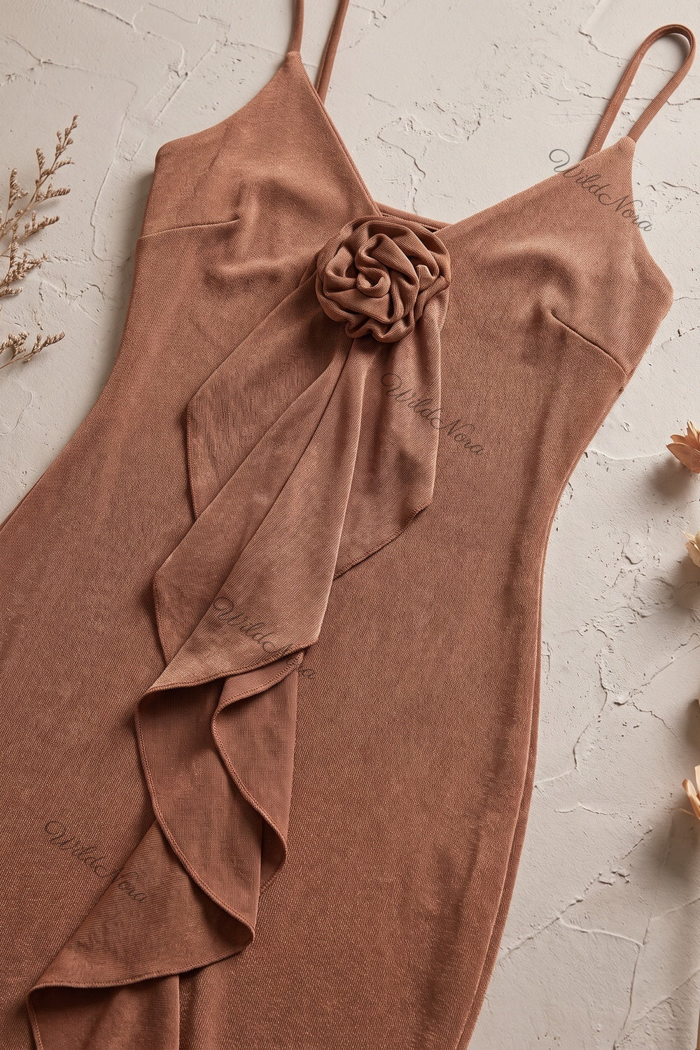 Bronze Brown Stretch Jersey Bodycon Maxi Dress with Front Rosette and Ruffle Detail bronze brown stretch jersey maxi dress - product view 6