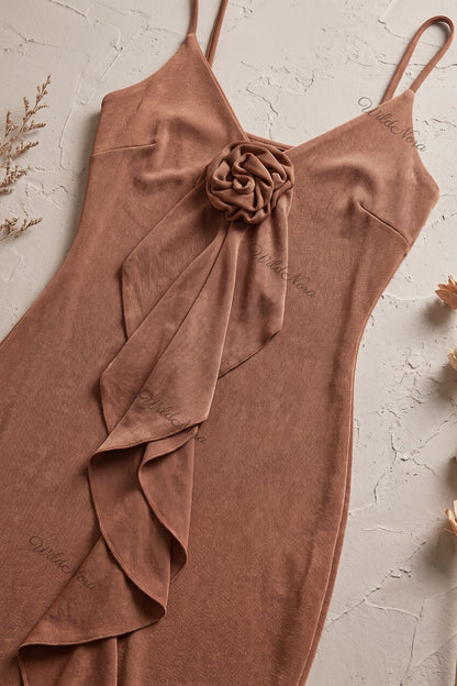 Bronze Brown Stretch Jersey Bodycon Maxi Dress with Front Rosette and Ruffle Detail bronze brown stretch jersey maxi dress - product view 6