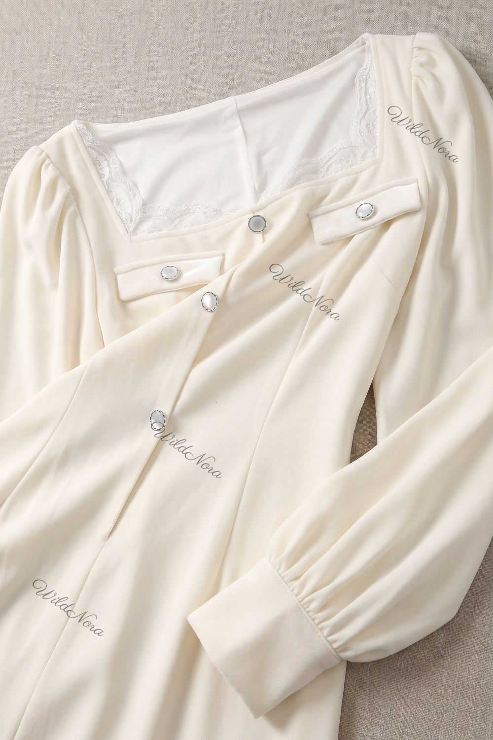 Cream A-Line Midi Dress with Lace Insert and Bishop Sleeves cream mid-weight woven crepe midi dress - product view 5