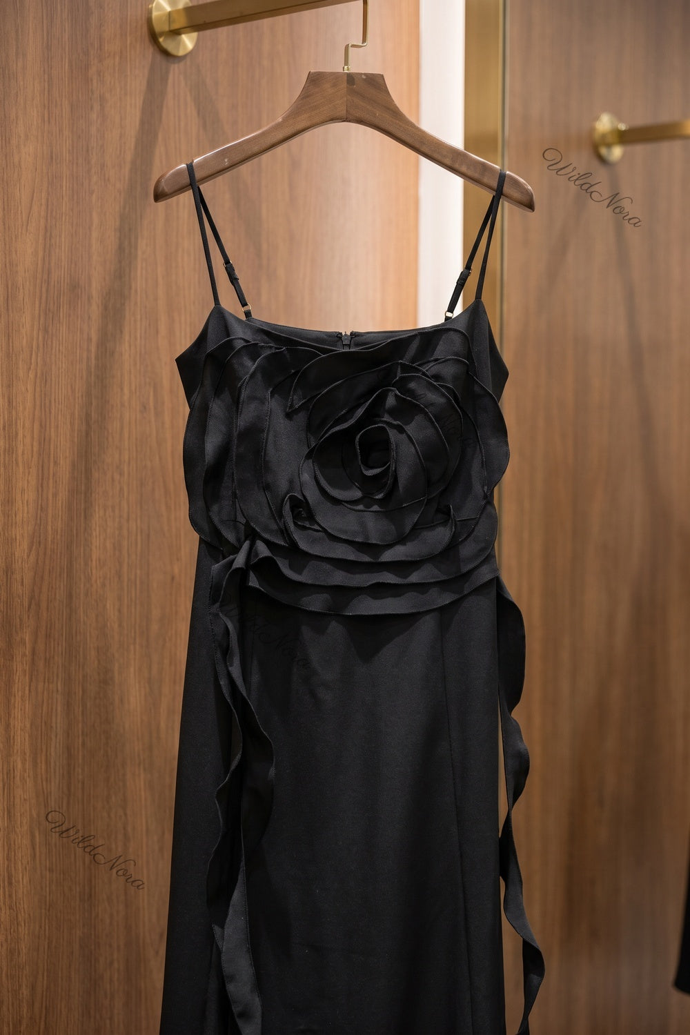 Black Crepe A-Line Midi Dress with Rose Detail black crepe dress - product view 6