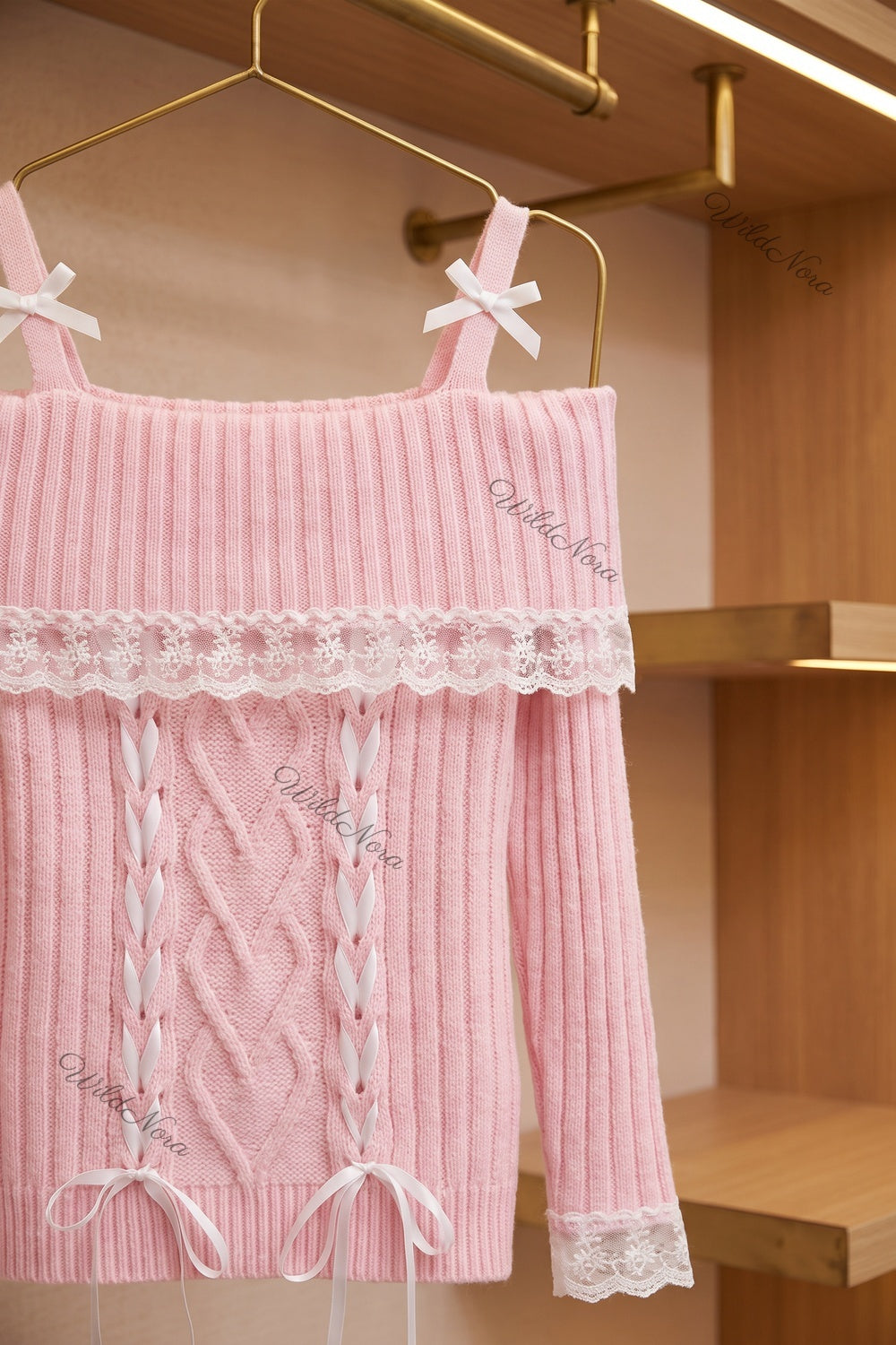 Pastel Pink Ribbed Knit Off-The-Shoulder Top with Corset Lacing pastel pink ribbed knit off-the-shoulder knit top - product view 6