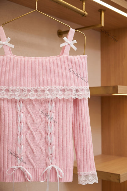 Pastel Pink Ribbed Knit Off-The-Shoulder Top with Corset Lacing pastel pink ribbed knit off-the-shoulder knit top - product view 6