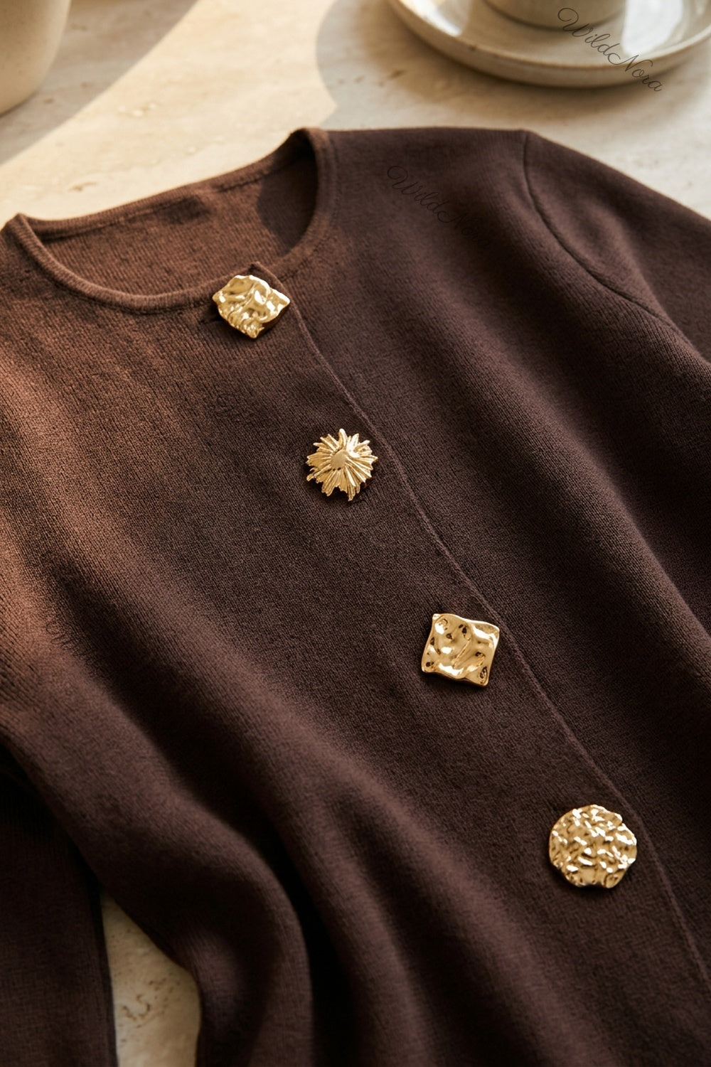 Dark Brown Fine-Gauge Knit Cardigan Jacket with Textured Gold Buttons dark brown fine-gauge knit cardigan jacket - product view 6