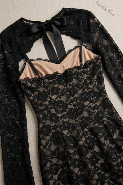 Black Floral Lace Mermaid Two-Piece Dress Set black floral lace two-piece dress set - product view 6